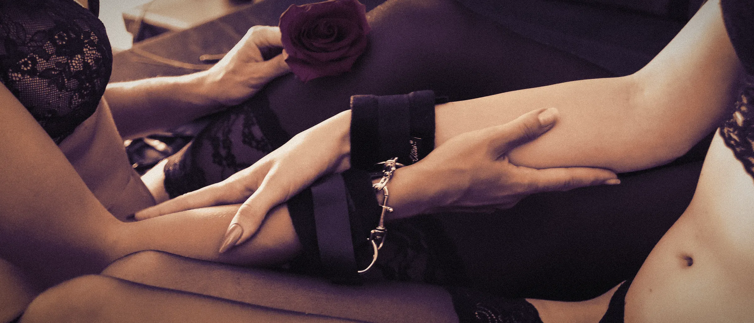One hand resting gently on another person's cuffed wrist, a red rose nearby